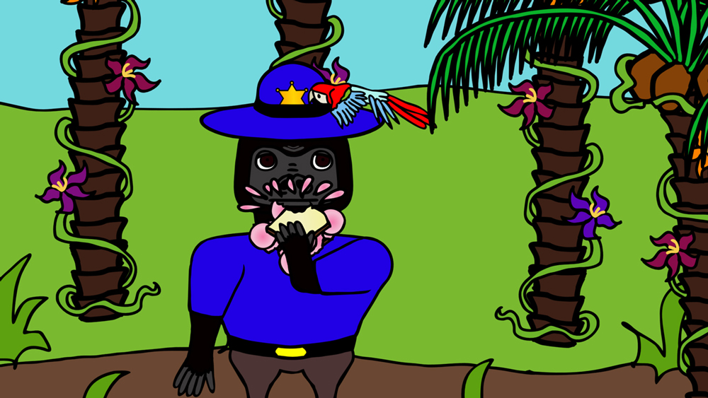 Officer Estevez eating an ice cream sandwich from the animated cartoon series Pancake Paradise!