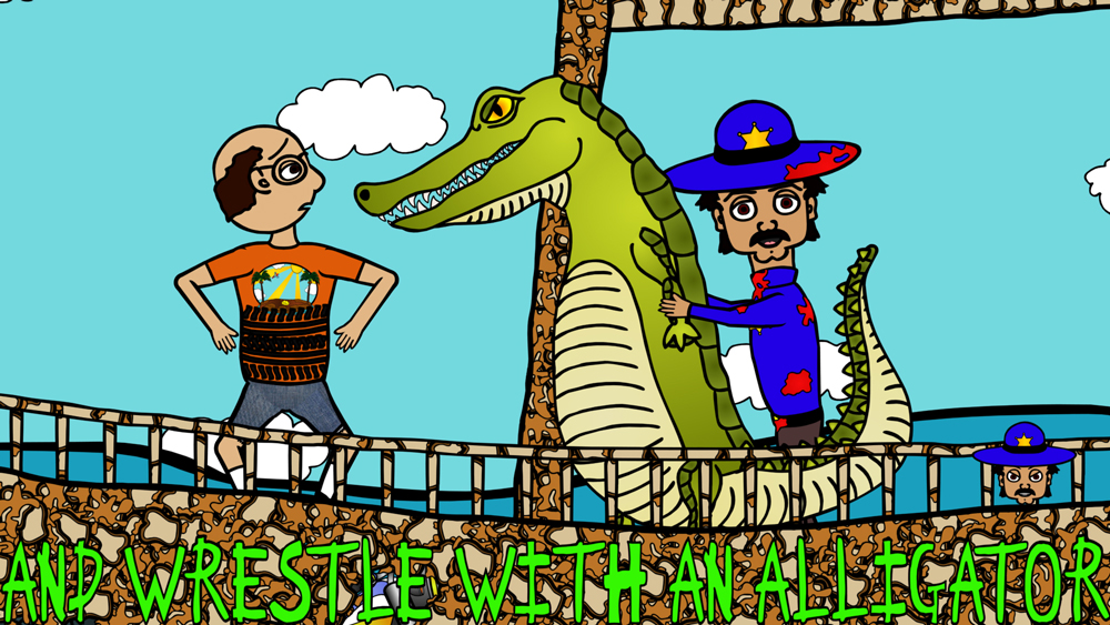 Frank Frank wrestling an alligator away from Miserable Marv a screenshot from the animated cartoon series Pancake Paradise!