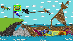Chicken Patty, Frank Frank, Officer Estevez, and Miserable Marv barely especaping a boat crash a screenshot from the animated cartoon series Pancake Paradise!