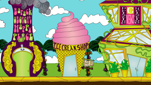 Some of the buildings that are downtown Pancake Paradise a screenshot from the animated cartoon series Pancake Paradise!