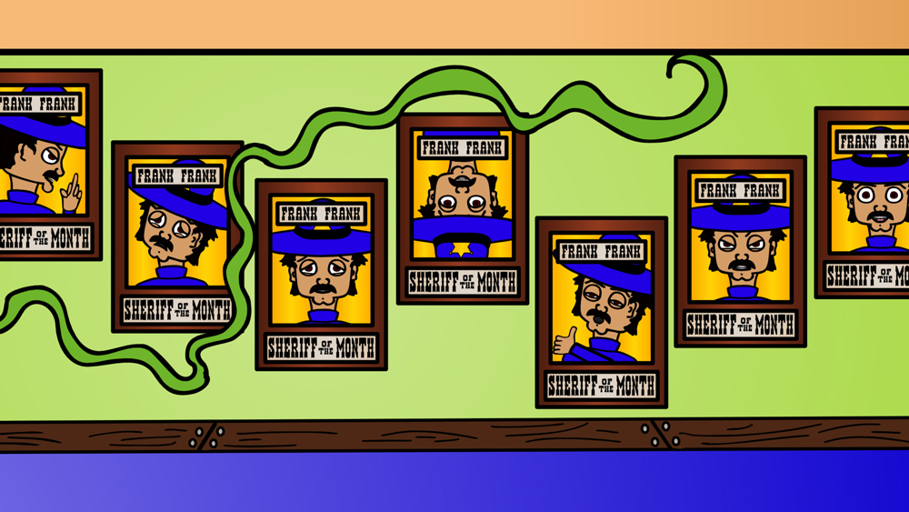 It's no surprise of who always wins sheriff of the month in Pancake Paradise a screenshot from the animated cartoon series Pancake Paradise!
